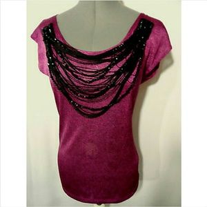 New TRIXI Fringed & Beaded Top Pink Black blouse